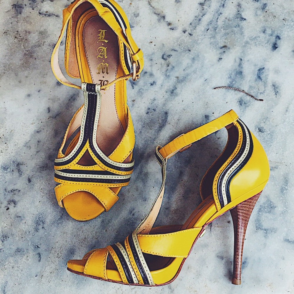 L.A.M.B || yellow stilettos with t strap + buckle